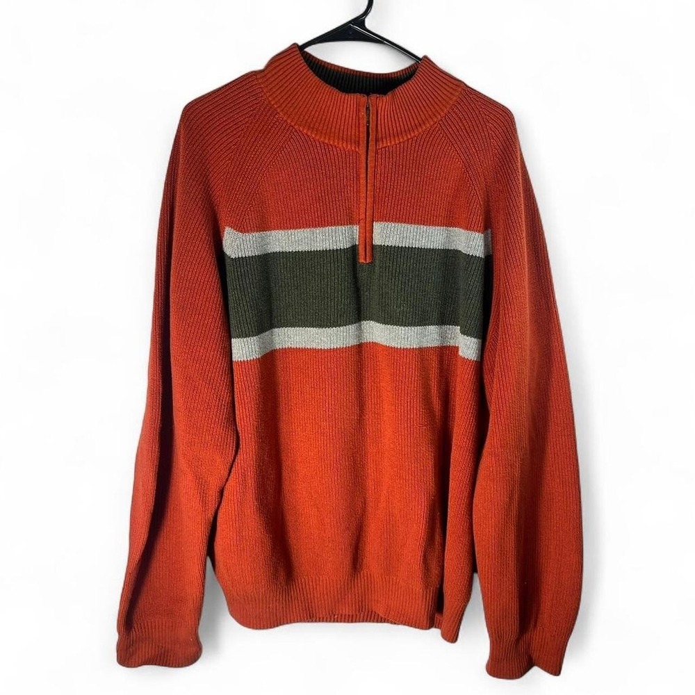 IZOD Quarter Zip Sweater Mens XXL Burnt Orange Olive Striped Pullover